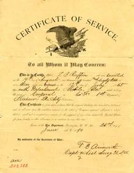 Déclare que Ruffin a été libéré avec le détachement le 12 juillet 1865, de la compagnie F de la 1ère artillerie légère du Missouri tout en détenant le grade de caporal